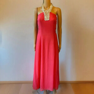 Y2K C&GC Pink Chiffon Lucite Tie Neck Evening Wedding Party Maxi Dress M Fairy